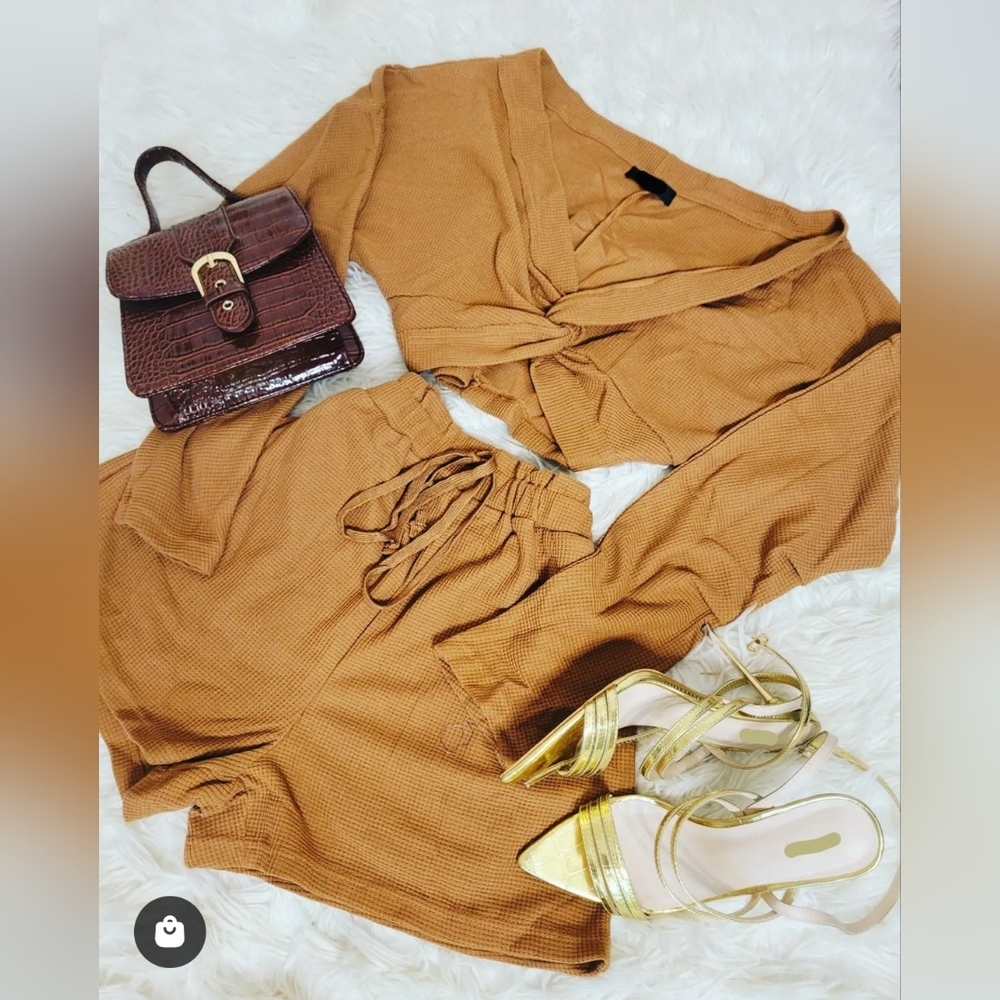 ChicMe Shorts Set Brown Off Shoulder Front Twist High Waisted Shorts Set Women's